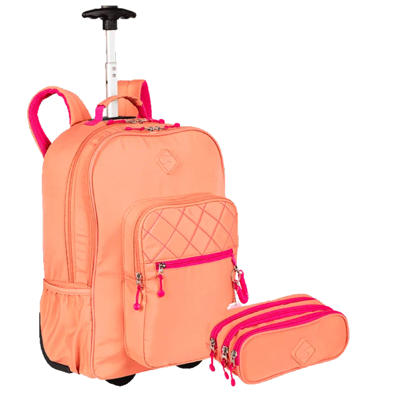 Kit Mochila Carrinho 2 Compartimentos e Estojo 3 Compartimentos Sestini Lover - Coral