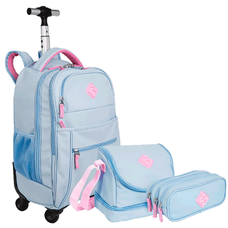 Kit Mochila Carrinho 4 Rodas Sestini Rolling mais Lancheira 2 Compartimentos e Estojo 3 Compartimentos Sestini Hydroblock Sky - Azul