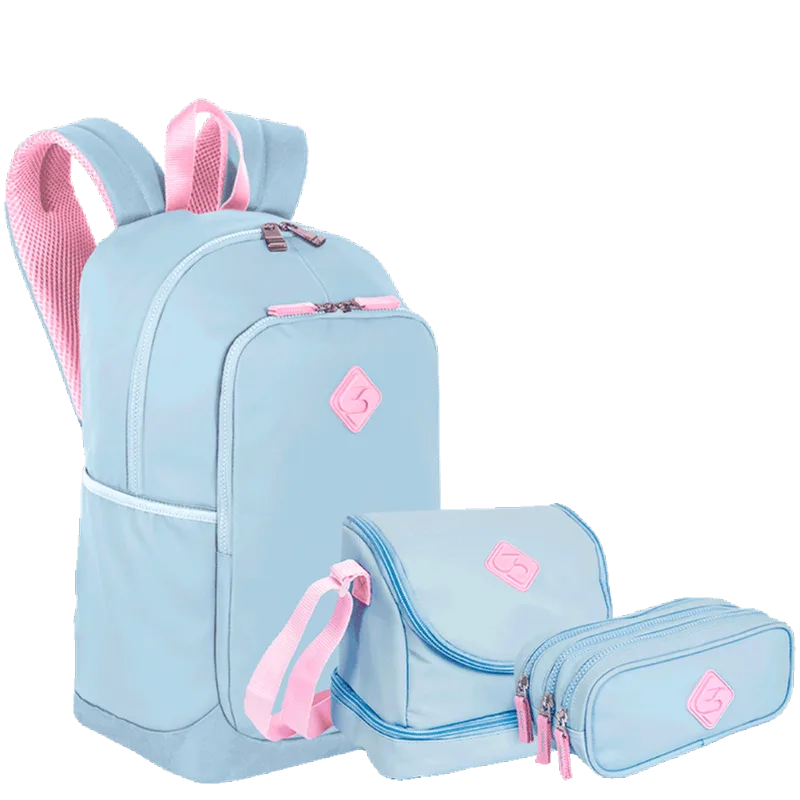 Kit Mochila Grande Sestini Magic mais Lancheira 2 Compartimentos e Estojo 3 Compartimentos Sestini Hydroblock - Azul