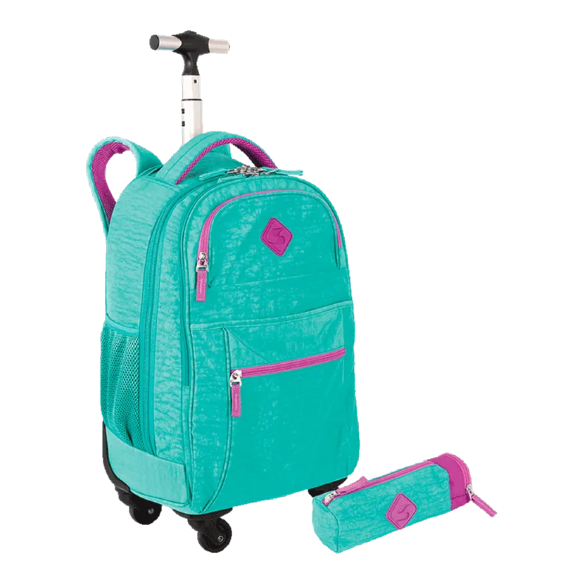 Kit Mochila Carrinho 4 Rodas Sestini Rolling e Estojo com Bolso Azul - Turquesa