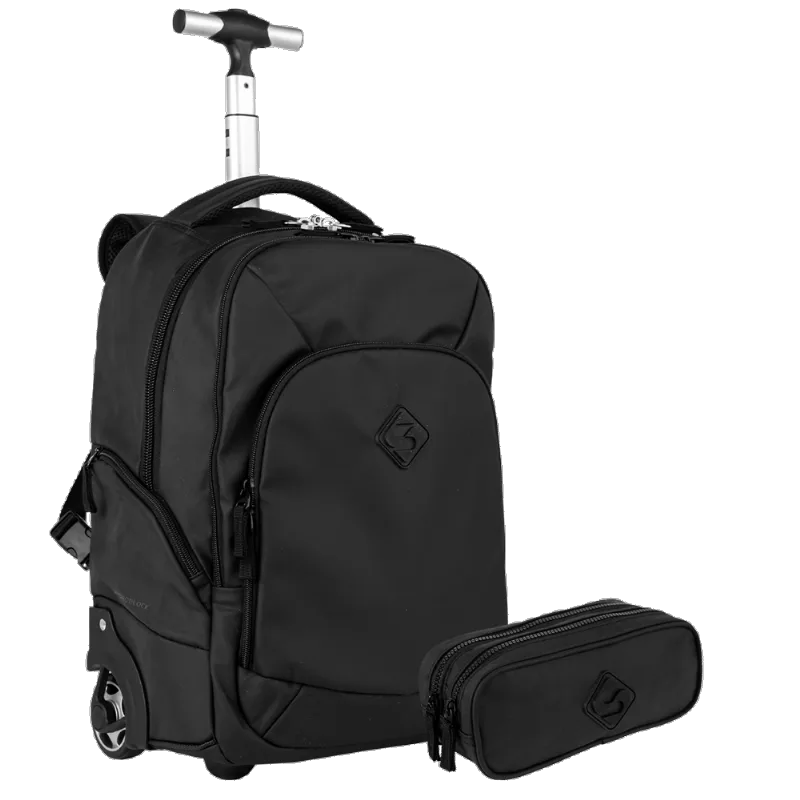 Kit Mochila Carrinho 2 Compartimentos Rolling Grande e Estojo 2 Compartimentos Hydroblock - Preto