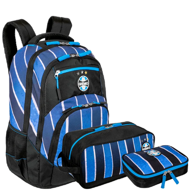 Kit Mochila 2 Compartimentos, Necessaire Porta Chuteira e Estojo Box Grêmio X02 - Listrado