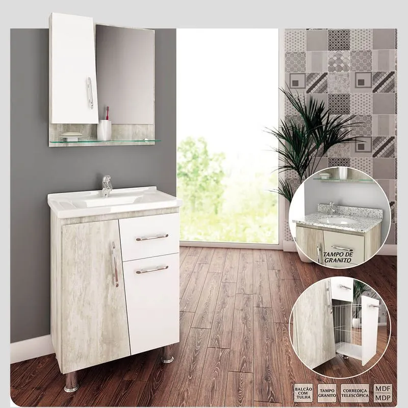 Gabinete para Banheiro 60cm com Cesto de Roupas Calcare e Branco Lilies Móveis