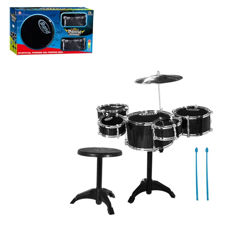 Bateria Infantil 5 Bases 1 Prato Baquetas Banquinho Completa