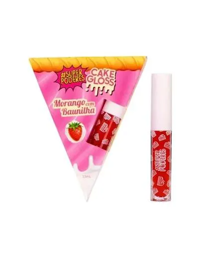 Cake Gloss Super Poderes Morango &amp; Baunilha - Brilho Intenso Textura Cremosa Hidratação e Maciez Lábios Aroma Doce e Del