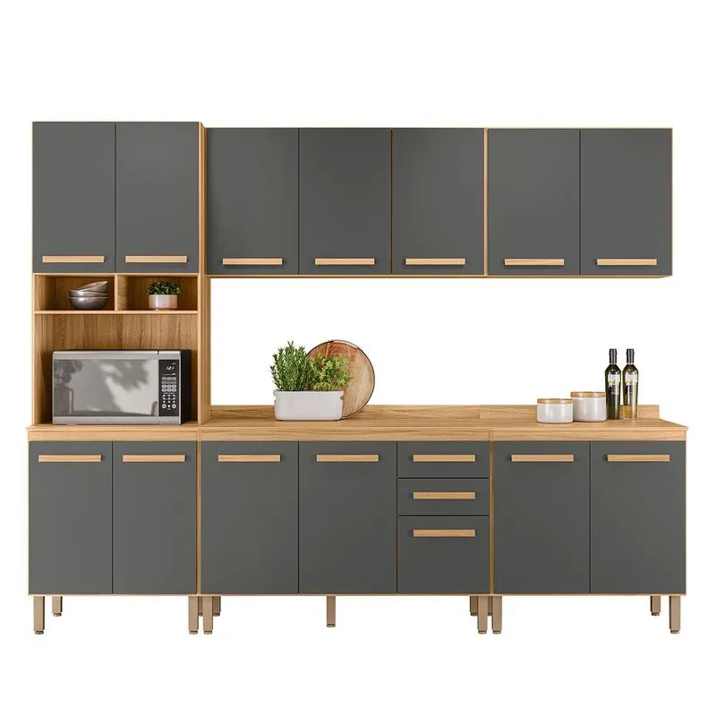 Conjunto De Cozinha Bergamo Modulado Com 14 Portas 2 Gavetas Freijo/chumbo