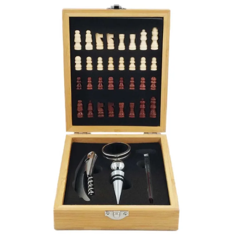 Kit Vinho C/ Jogo de Xadrez 5 Peças em Aço Inox/Bambu UniHome