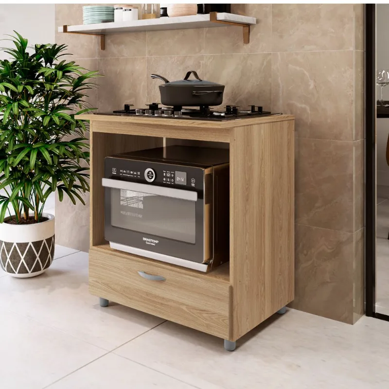 Balcão Forno e Cooktop 5 Bocas com 1 Gaveta em MDP Oak Completa Móveis - Completa Móveis