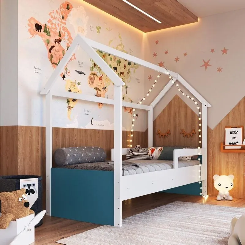 Cama Infantil Montessoriana Casinha Menino Menina Solteiro Com Proteção Lateral Branco Com Azul