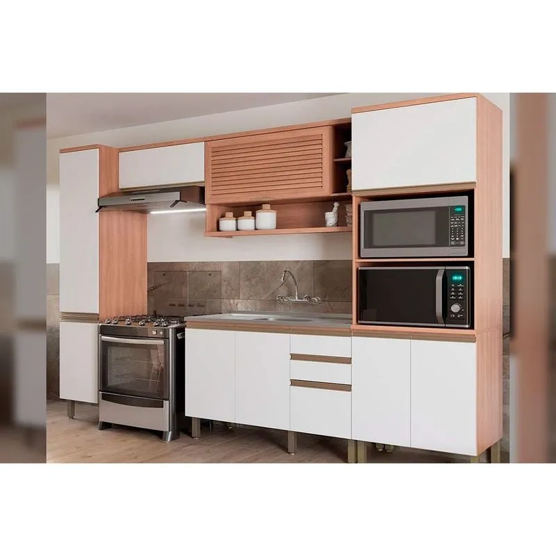 Kit de Cozinha Modulada 5 Peças Thela Macadâmia (2Aéreos+1Balcão+2Paneleiros CZC17 Freijo/Branco - Telasul