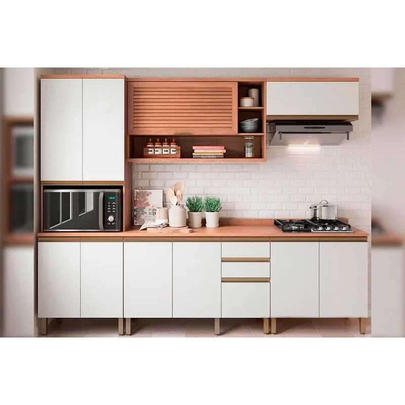 Kit de Cozinha Modulada 5 Peças Thela Macadâmia (2Aéreos+2Balcões+1Paneleiro) CZC24 Freijo/Branco - Telasul