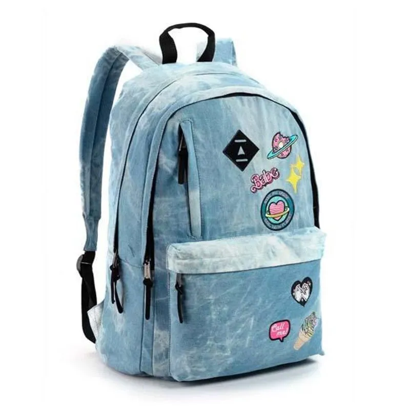 Mochila De Costas Jeans Com Patches Bordados - Seanite