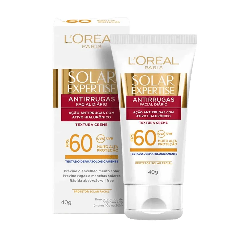 Protetor Solar Facial L'Oréal Paris Solar Expertise Antirrugas FPS 60 40g Protetor Solar Facial LOréal Paris Solar Expertise Antirrugas FPS 60 40g
