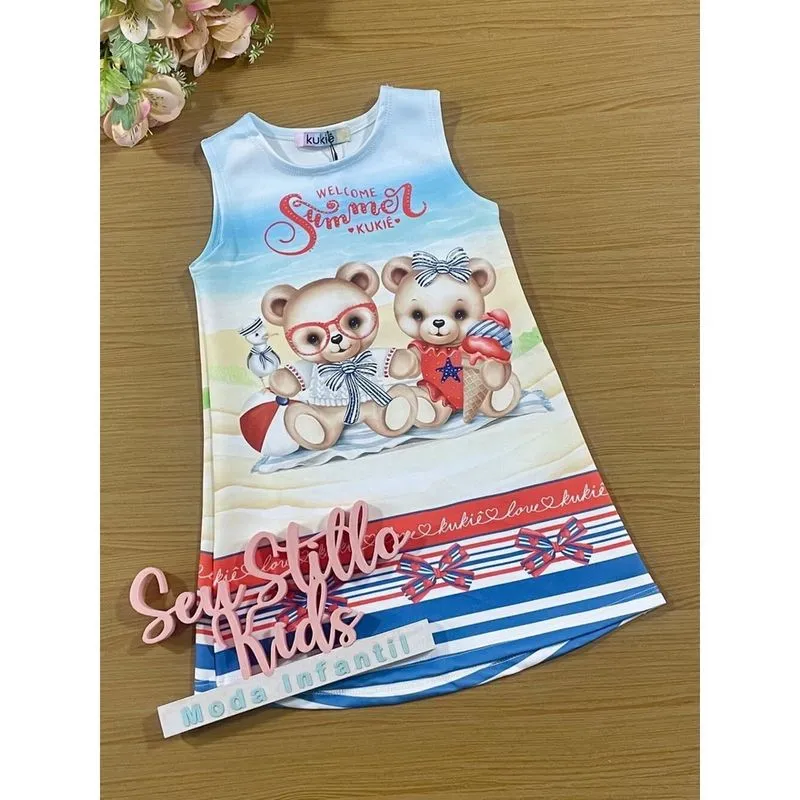 Vestido Infantil Kukie Verão Ursinhos na Praia