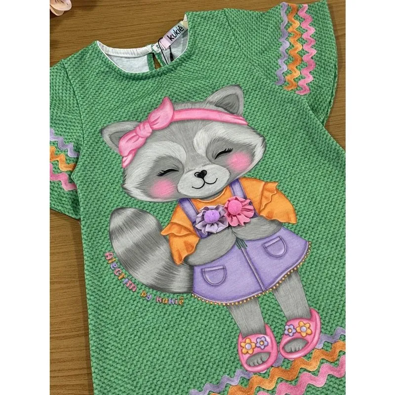 Vestido infantil Kukie Verão Verde Guaxinim