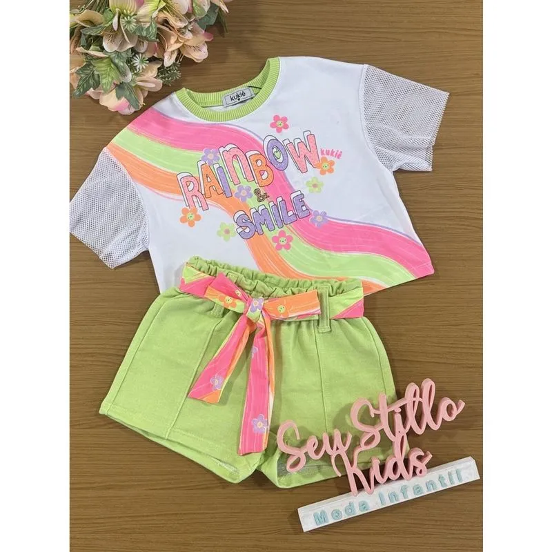 Conjunto Infantil Kukie Verão Shorts Verde e Blusa Arco-íris