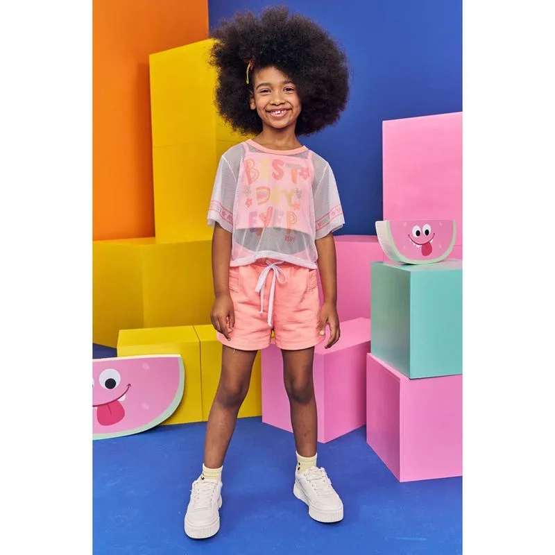 Conjunto Infantil Kukie Verão Shorts Coral, Top e Sobreposição Best