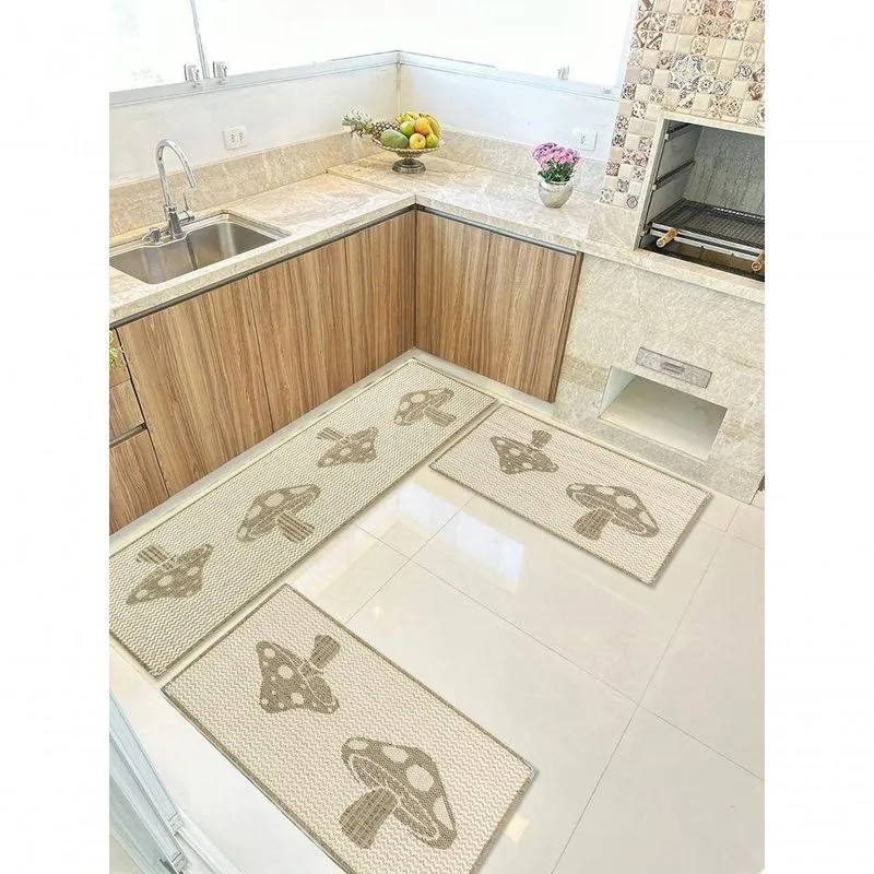 Jogo De Tapetes Para Cozinha Ks-83 Kit 3 Peças Sisal Base Antiderrapante Mescla Tapetes Lancer