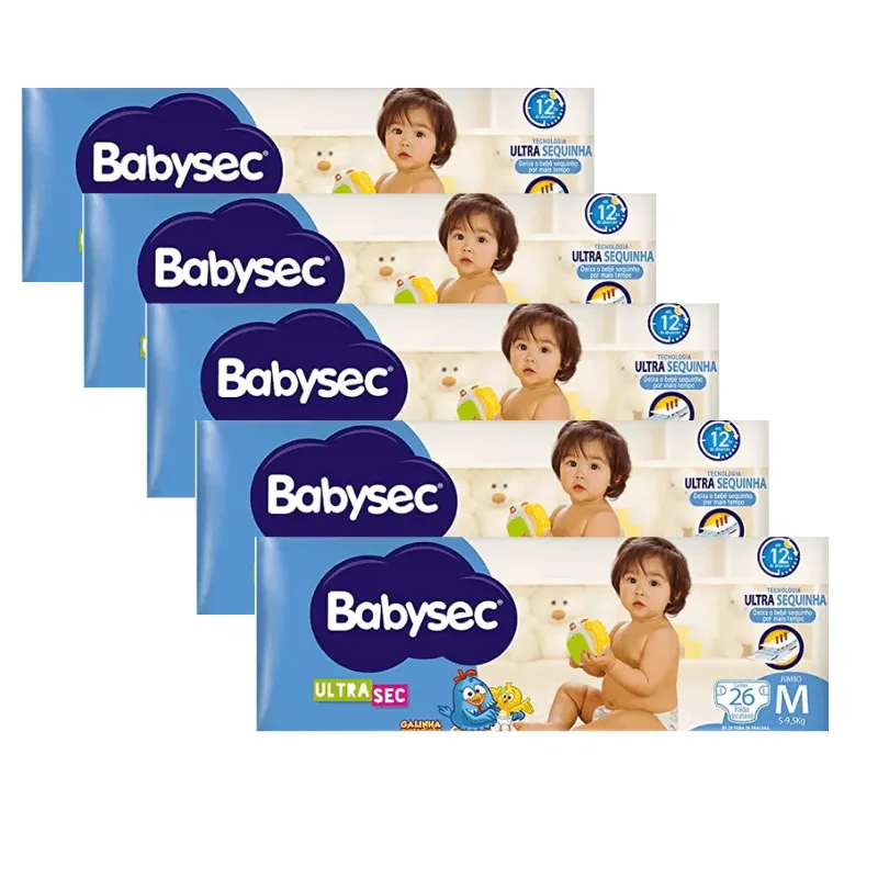 Kit 5 Fraldas Babysec Ultrasec Jumbo Galinha Pintadinha M com 26 unidades