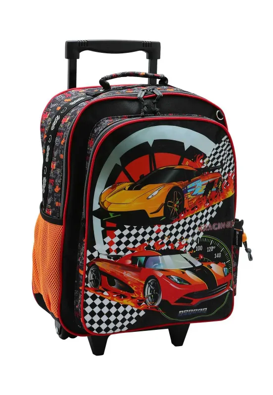 Mochila Escolar de Rodinhas Menino Estampa Carros de Corrida
