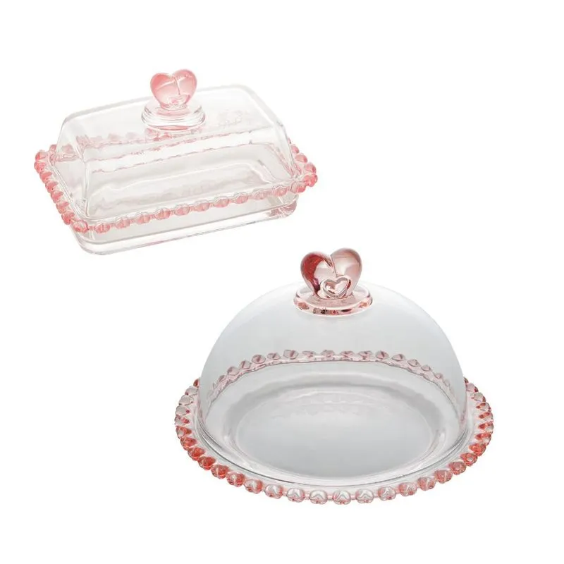 Kit Queijeira E Mantegueira Com Tampa De Cristal Rosa Lyor