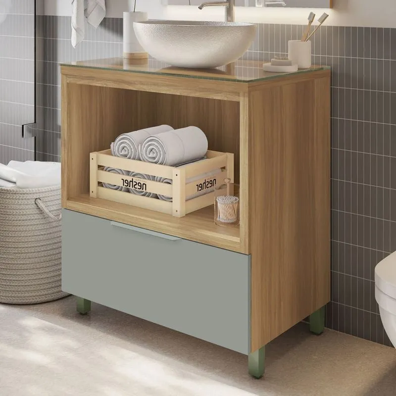 Armário de Banheiro Marquesa 1 Gaveta 100% Mdf Nature/Verde - Nesher