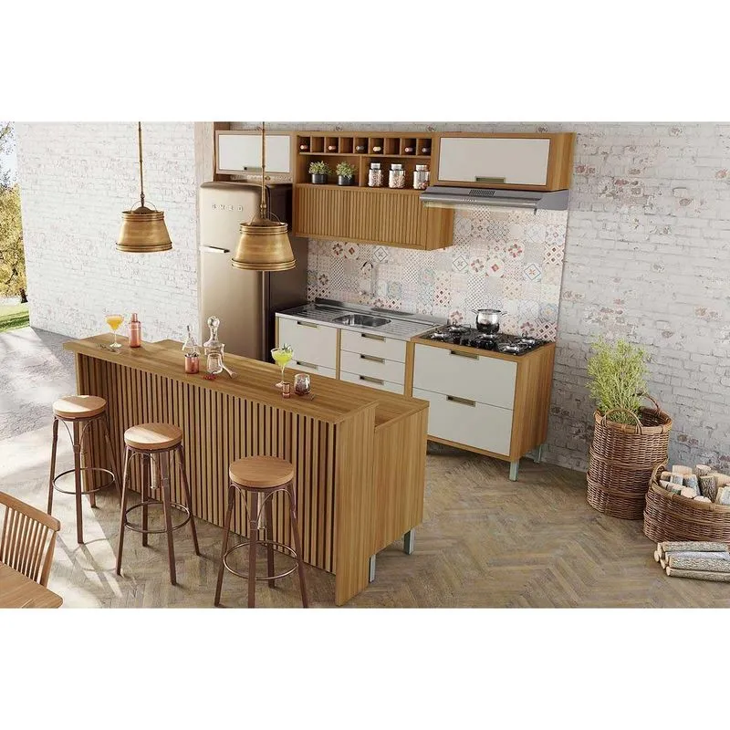 Kit Cozinha Modulada 8 Peças Imperatriz (3aéreos+4balcões+1ilha) C8p53 Freijo/off White - Nesher