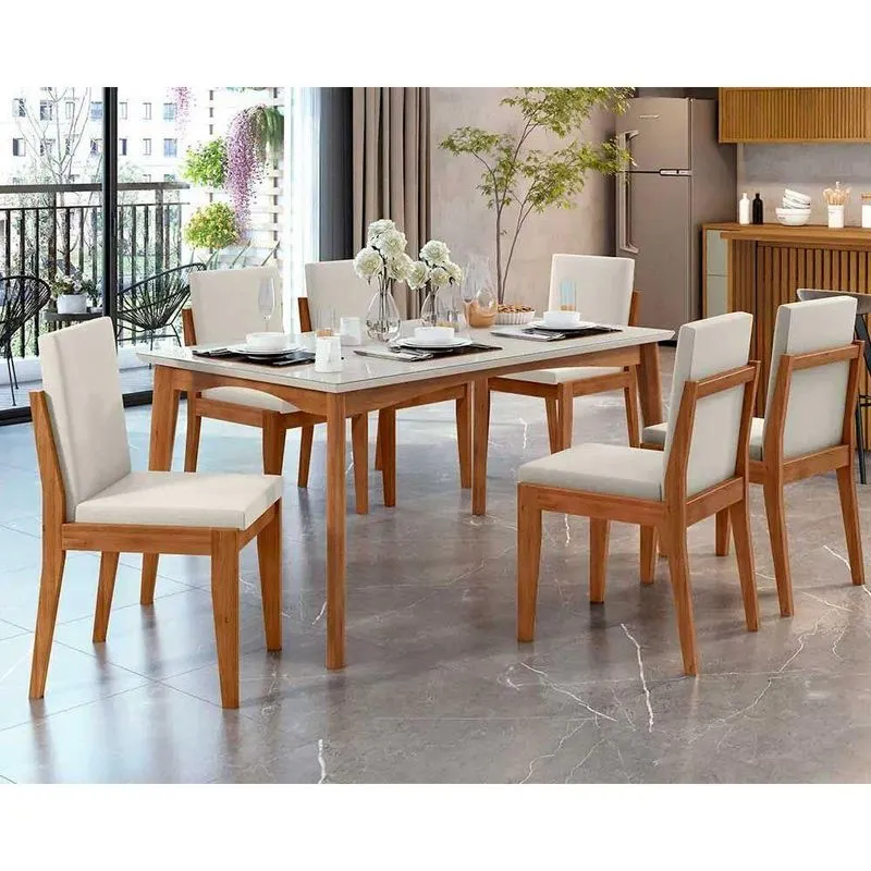 Conjunto: Mesa De Cozinha Monalisa C/ Tampo Madeirado C/ Vidro 160cm E 6 Cadeiras Lady Natural - Nesher
