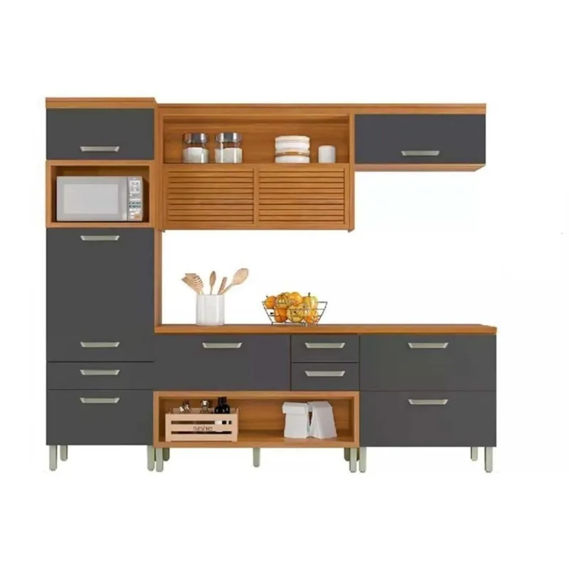 Cozinha Modulada Completa Princesa 4 Peças 1 Aéreo + 2 Balcões + 1 Paneleiro C6p59 Freijó Grafite