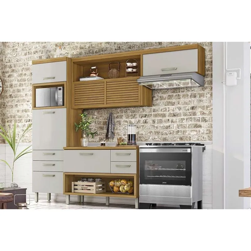 Cozinha Modulada Completa Princesa 3 Peças (1Aéreo+1Balcão+1Paneleiro) C6P60 Freijo/Off White - Nesher