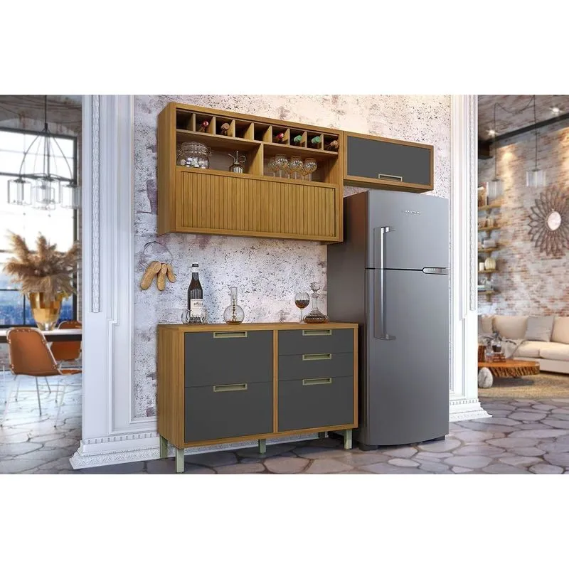 Cozinha Modulada Completa Imperatriz 3 Peças (2Aéreos+1Balcão) C6P45 Freijo/Grafite - Nesher