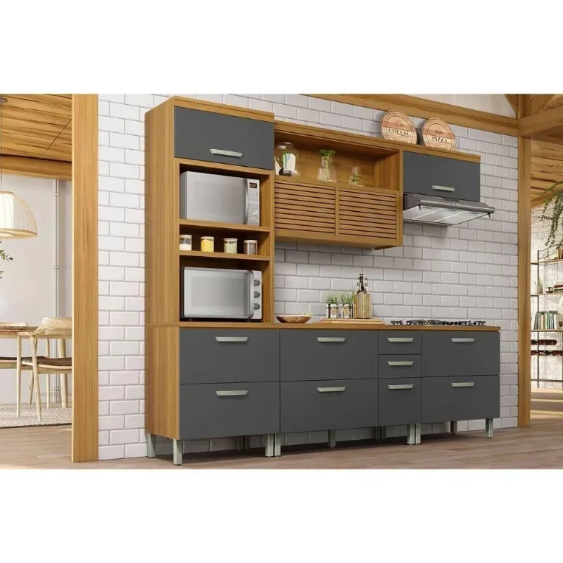 Cozinha Modulada Completa Princesa 4 Peças 1 Aéreo + 2 Balcões + 1 Paneleiro C6p64 Freijó Grafite