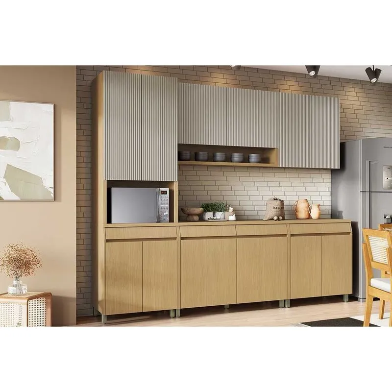 Cozinha Modulada Completa Simone Mendes 5 peças (2Aéreos+2Balcões+1Paneleiro) C5P114 Carvalho/Cinza - Nesher