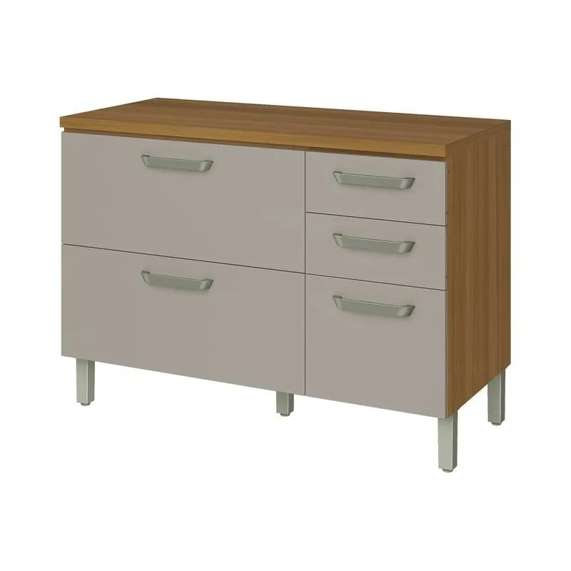 Gabinete de Cozinha Modulado Balcão c/ Tampo Princesa c/ 2 Portas e 3 Gavetas 120cm Freijo/Off White - Nesher