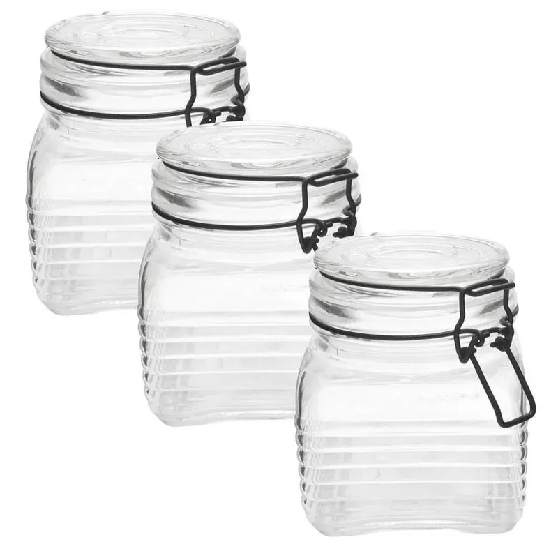 3 Potes De Vidro Hermético Quadrado Com Trava Preto 800Ml