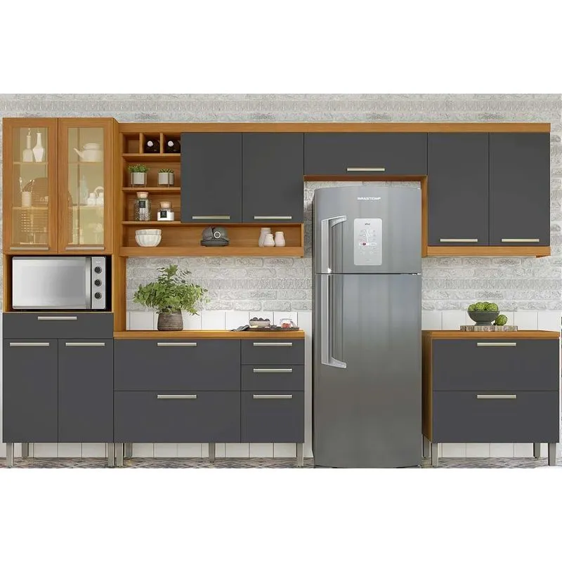 Cozinha Completa Burguesa Premium 6 Peças (3Aéreos+2Balcões+1Paneleiro) C6P57 Freijo/Grafite - Nesher