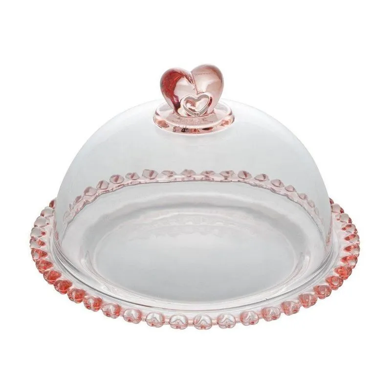 Queijeira Lyor Coração De Cristal Borda Rosa 19,5 X 13cm