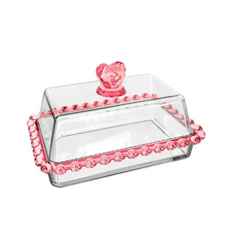 Manteigueira Cristal Coração Borda Rosa com Tampa Lyor 17cm 1714