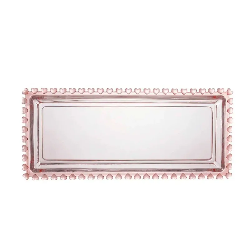 Travessa Retangular Cristal Coração Borda Rosa Lyor 3x30x13cm 1715
