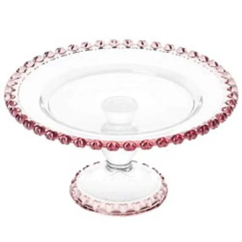 Prato Bolo Com Pé De Cristal Coração Borda Rosa 19,5x10,5