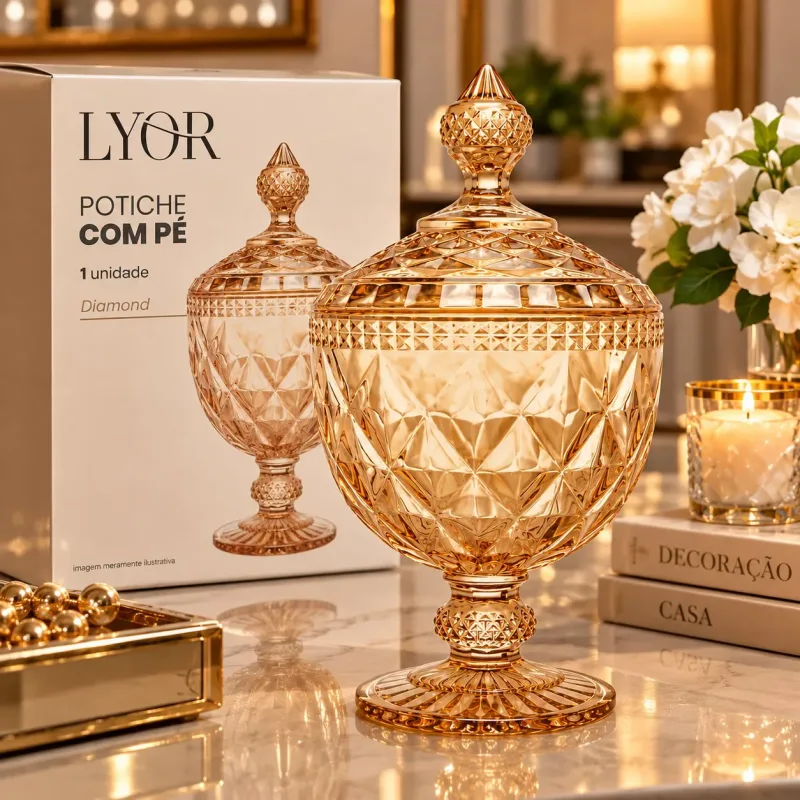 Potiche Bomboniere Cristal Âmbar com Tampa e Pé Diamond 28 cm Lyor
