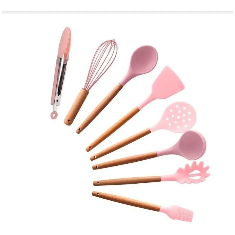 Conjunto De 8 Utensilios De Silicone Cabo De Bambu Lyor 9109