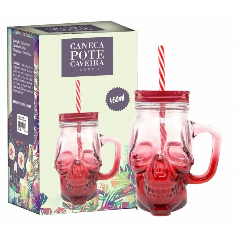 CANECA POTE VIDRO CAVEIRA VERMELHA