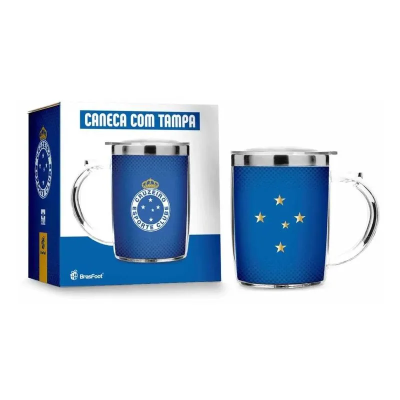 Caneca Brasfoot Plástico Inox Cruzeiro Com Tampa 450ml 2860 Azul