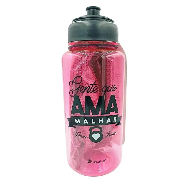 Garrafa Água Squeeze Rosa 1.1L Com Toalhinha Academia Treino