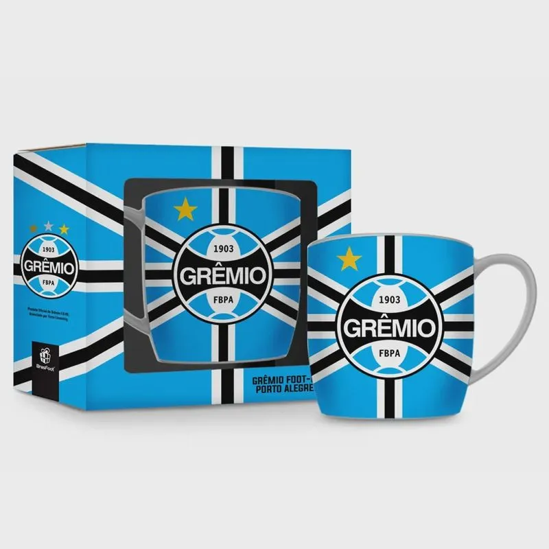 Caneca Porcelana Premium BrasFoot Grêmio 03 300 ml Urban Licenciada Branco