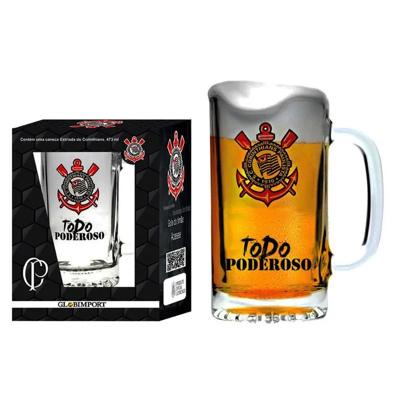 Caneca para Cerveja Globimport Estriada Corinthians Poderoso 8601604 - 473 ml Transparente