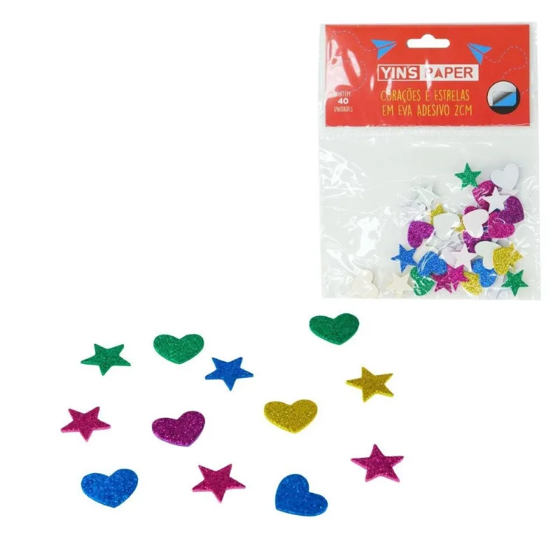 Adesivo De Eva 40 Peças Corações Estrelas Glitter - Tudo Em Caixa
