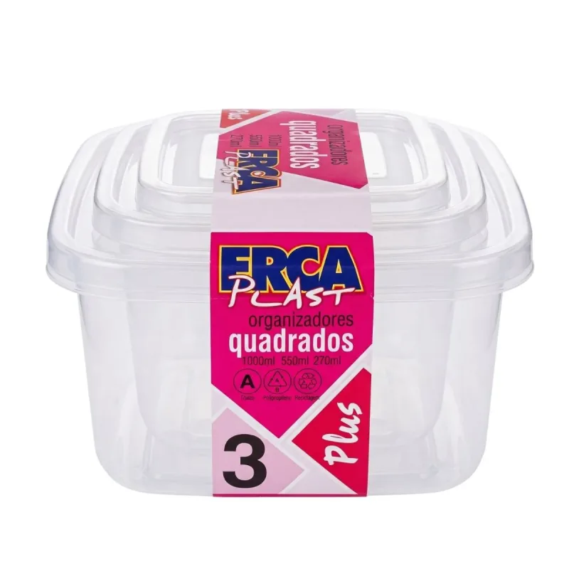 Conjunto Organizador Erca Plast Quadrado Plus Transparente com 3 Pecas 270ml /550ml /100 Ml