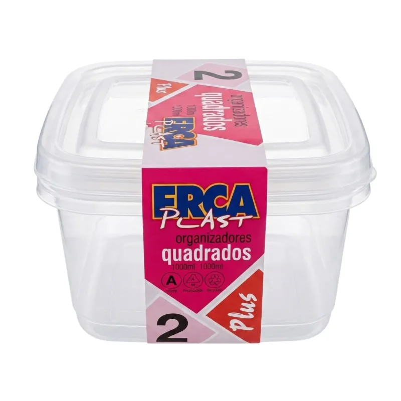 Conjunto Organizador Erca Plast Quadrado GG Transparente com 2 Pecas de 1000 Ml